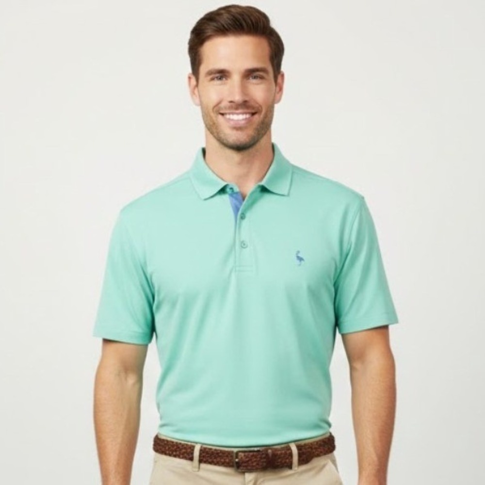Tailorbyrd‎ Collection Mens Aqua Blue Flamingo Logo Golf Polo Shirt XL Preppy